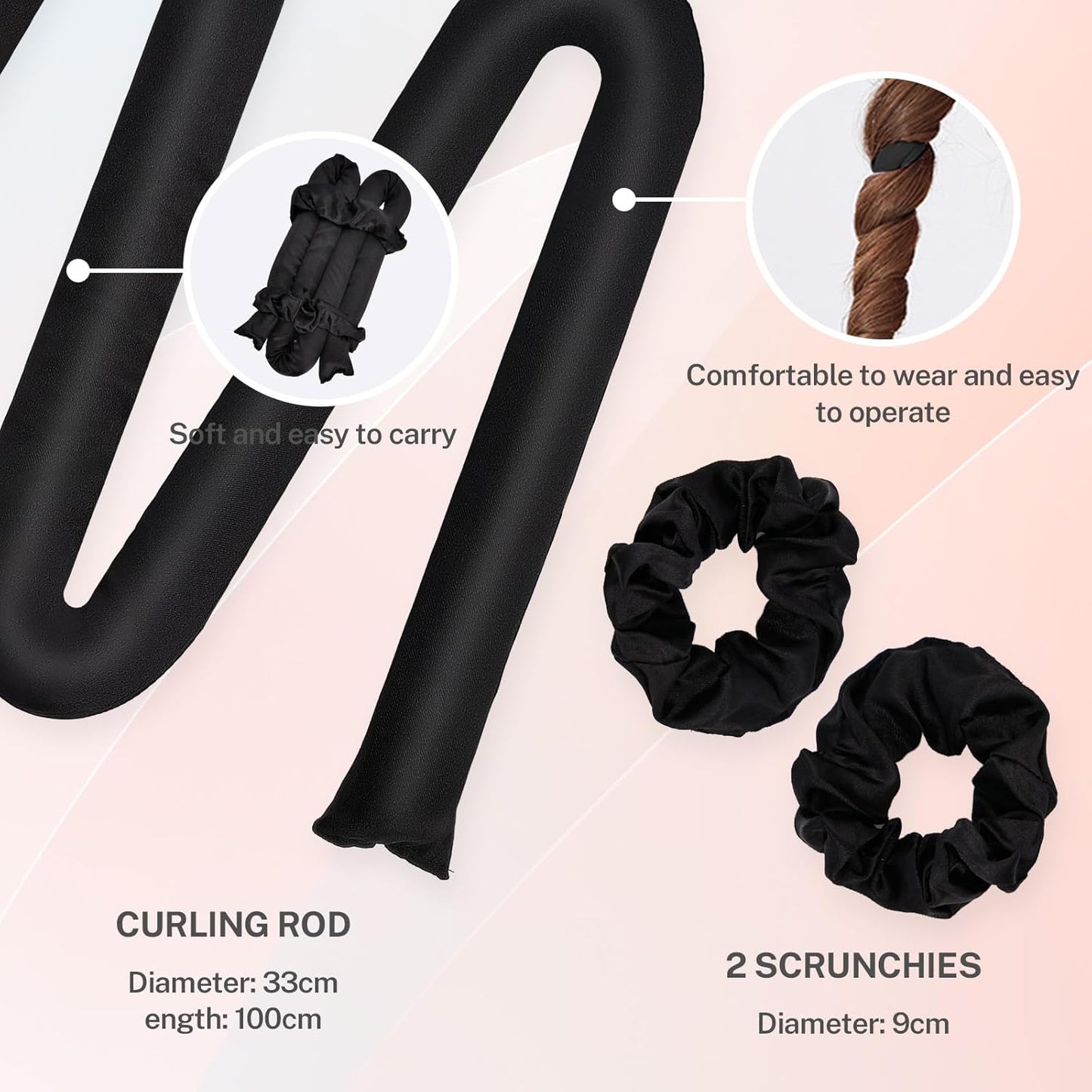 Satin Heatless Hair Curler Set: Achieve Overnight Heatless Curls for Long and Short Hair! Rollers with 2 Hair Scrunchies, Sleep - Friendly Damage - Free Curlers for Soft Natural Waves (Black)