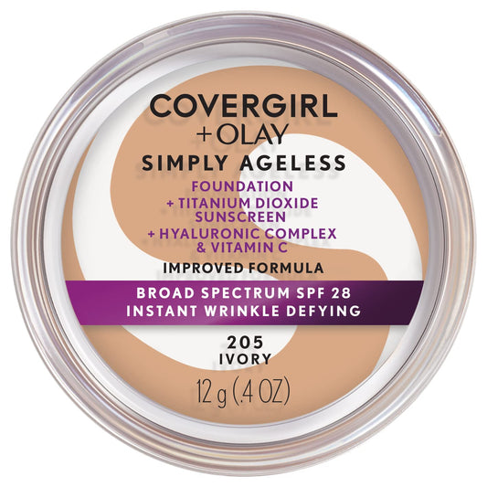 COVERGIRL Simply Ageless Instant Wrinkle Defying Foundation, SPF 28, Hyaluronic Complex & Vitamin C - 205 Ivory, Pack of 1