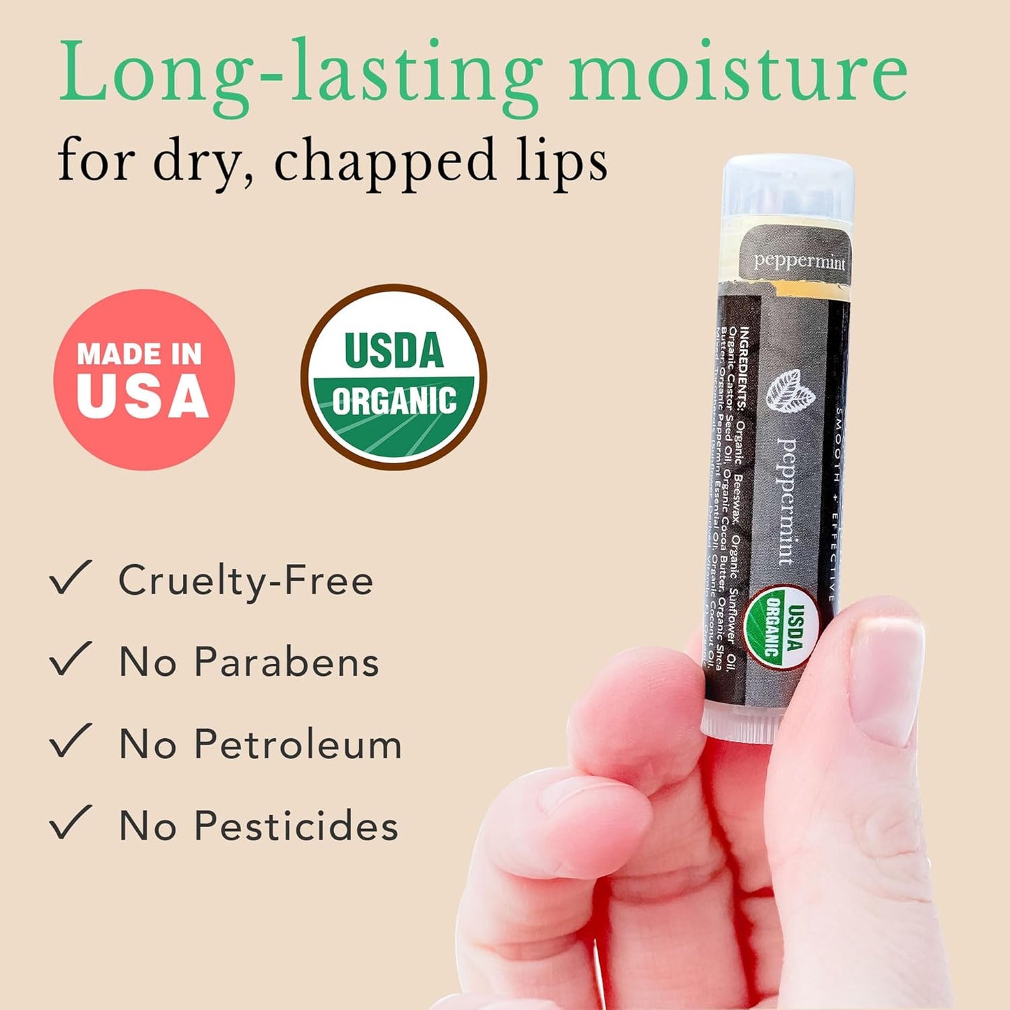 Organic Lip Balm Peppermint - 4 Pack Organic Gifts for Women, All Natural Lip Balm Birthday Gifts for Her & Him, Lip Balm Hydrating Beauty Gifts for Adults, Women, Men, Teens & Kids, Lip Moisturizer