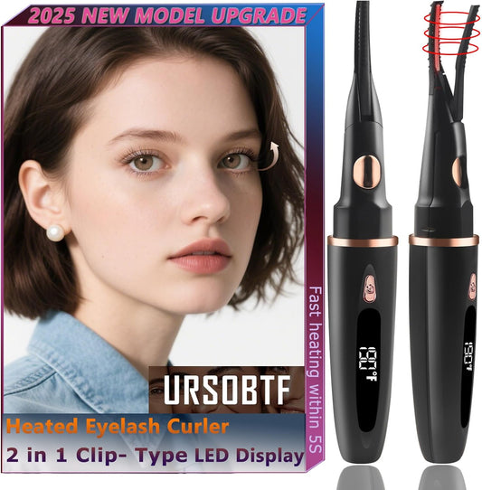Heated Eyelash Curlers - 2 in 1 Clip- Type Electric lash Curler Best Seller 5S Heating Eyelash Curler LED Display 3 Temp Settings for Makeup Tools USB Rechargeable Natural Curling-Black