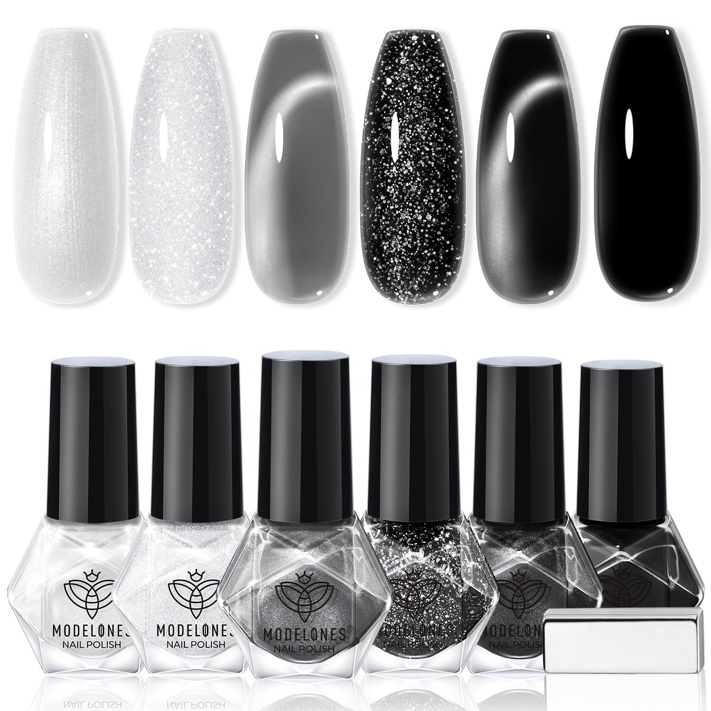 modelones Nail Polish Set, 6 Colors White Black Nail Polish with Magnet Glitter Cat Eye Magnetic Non Toxic Quick Dry Fingernail Polish Salon Home DIY Gifts For Women Girl