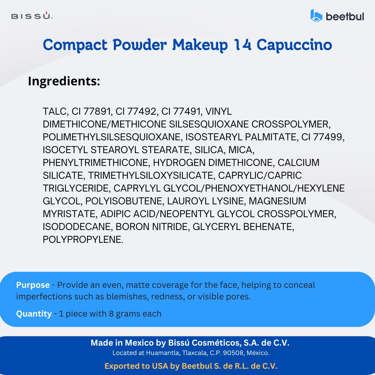 Beetbul Makeup & Exfoliation Kit - Bissú Compact Powder + 1 Medium Velvet Puff + 2 Finger Puffs + 1 Facial Exfoliating Sponge (14 Cappuccino, One Size)