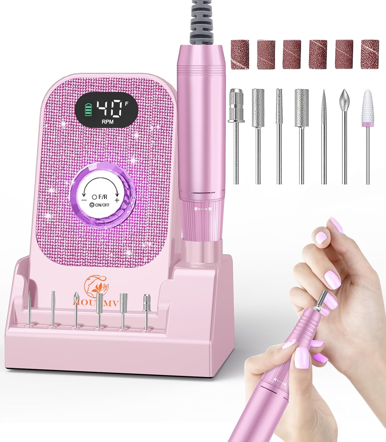Portable Nail Drill Electric File: Professional Nail E File Machine 40000RPM Rechargeable Cordless Pink Diamond Nail Drill with Bits & Base for for Acrylic Nails Remove Gel Polish Manicure, Salon Home