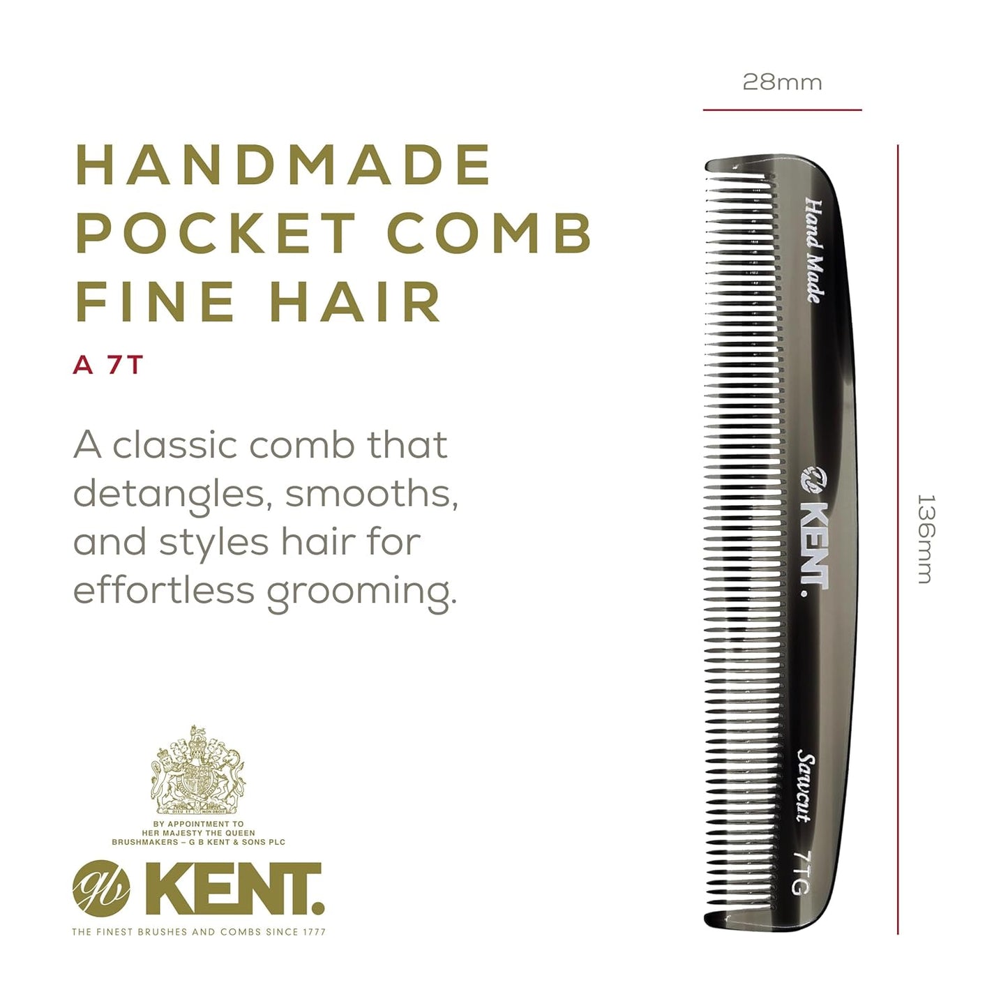Kent 7T G All Fine Tooth Pocket Comb - Handmade Hair Grooming and Styling Comb for Travel, Mustache, Beard - Saw Cut and Hand Polished for Wet or Dry Use with Balms