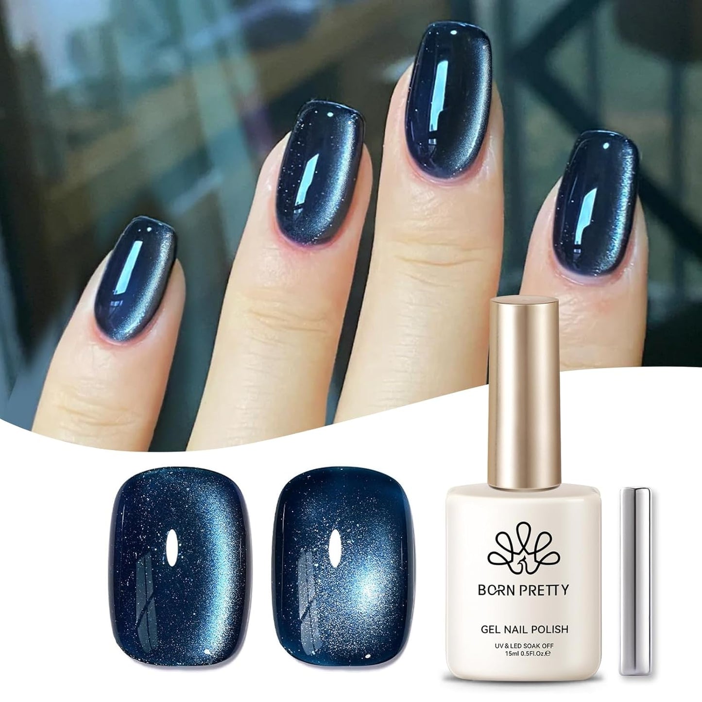 Born Pretty Cat Magnetic Eye Gel Nail Polish,Dark Blue Magnetic Gel Polish Nightscape Cat Magnetic Eye Gel Manicure Nail Art DIY 15ml