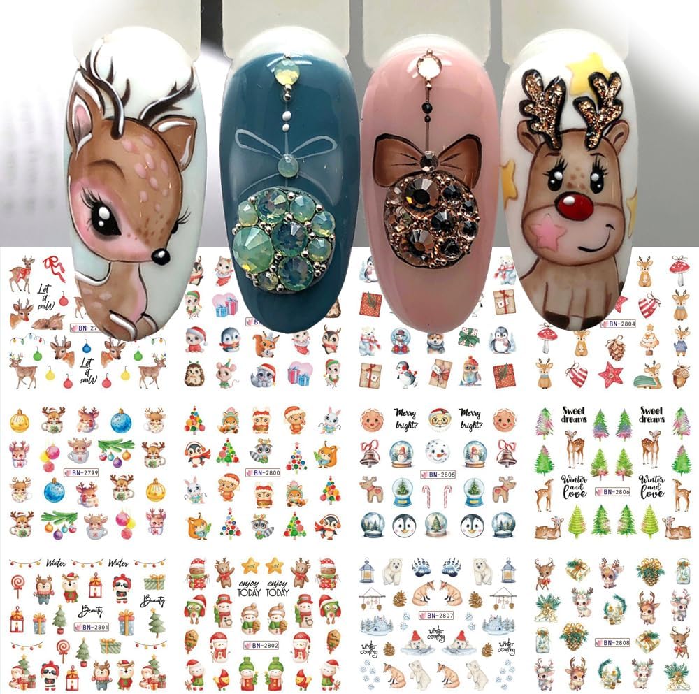 Christmas Nail Art Stickers Decals Snowflake Water Transfer Slider Nail Foils for Christmas Nail Art Supplies Cartoon Santa Claus Elk Gift Polar Bear Winter Design DIY Manicure Tips Stickers for Nails