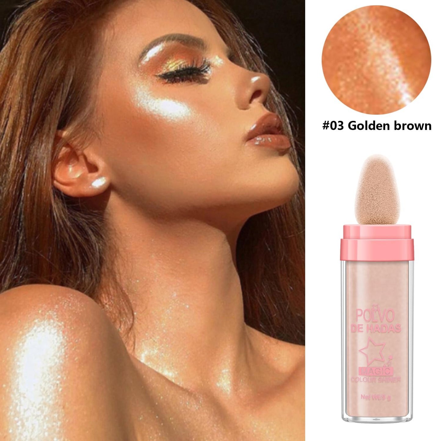 Polvo De Hadas Fairy Dust Highlight Patting Powder - Full Body Contouring and Clavicle Pearlescent Patting Powder for Face and Eye, Halloween Sparkling Body Glitter Powder (#03 Golden brown)