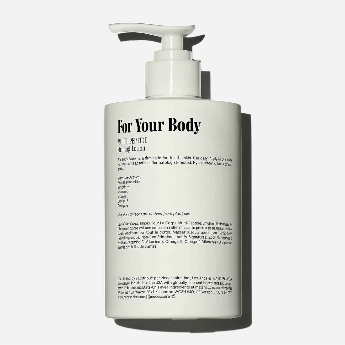 Nécessaire The Body Lotion with Pump. Hinoki. Multi-Peptide Firming Lotion to Moisturize, Firm, Strengthen. 2.5% Niacinamide, Vitamin C/E + Omega 6/9. 450ml / 15.2 fl oz