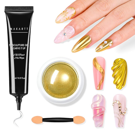 Makartt 3D Gel Nail Art with Gold Chrome Nail Powder Kit: Clear Molding Gel for Nail Art 15g Sculpting Glue Polish and Metallic Effect Mirror Powder Set for Nail Decoration Manicure Charms