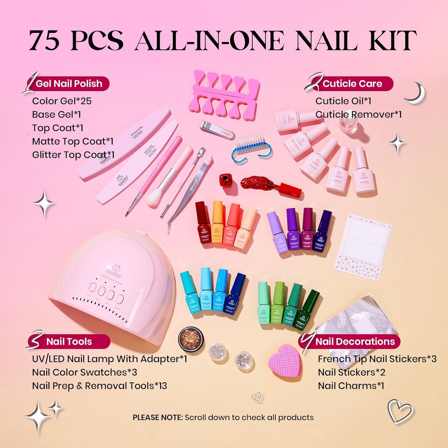 Beetles Gel Nail Polish Kit with U V Light - One Color One Bottle 45 Colors Gel Polish Kit 75 Pcs Gifts for Women Teen Girls with Top Base Coat Beauty Must Have DIY Salon Emotional Journey Collection