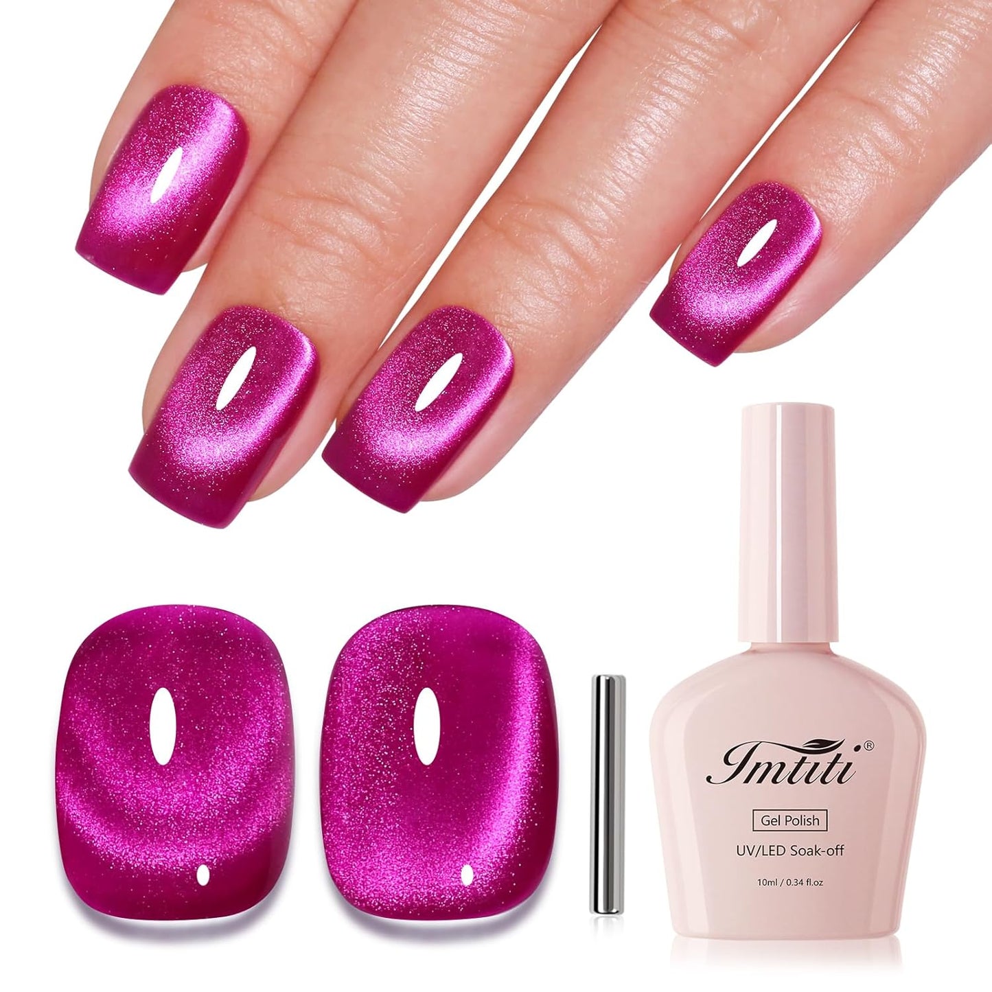 Imtiti Cat Eye Gel Nail Polish, Hot Pink Holographic Magnetic Crystal Nail Gel Polish With Magnet Glittery Galaxy Spring Summer Kit Soak Off UV Led 10ML
