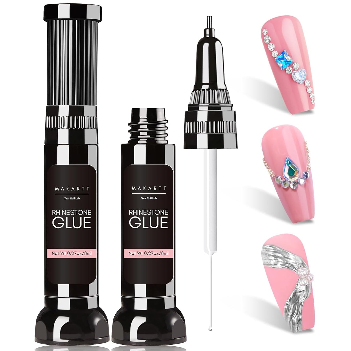 Makartt Nail Rhinestone Glue Gel, Upgrade Gel Nail Glue with Brush Pen Tip Super Strong Adhesive Precise for Nail Charms Crystals Rhinestone Beads Flower 3D Decorations 8ml*2