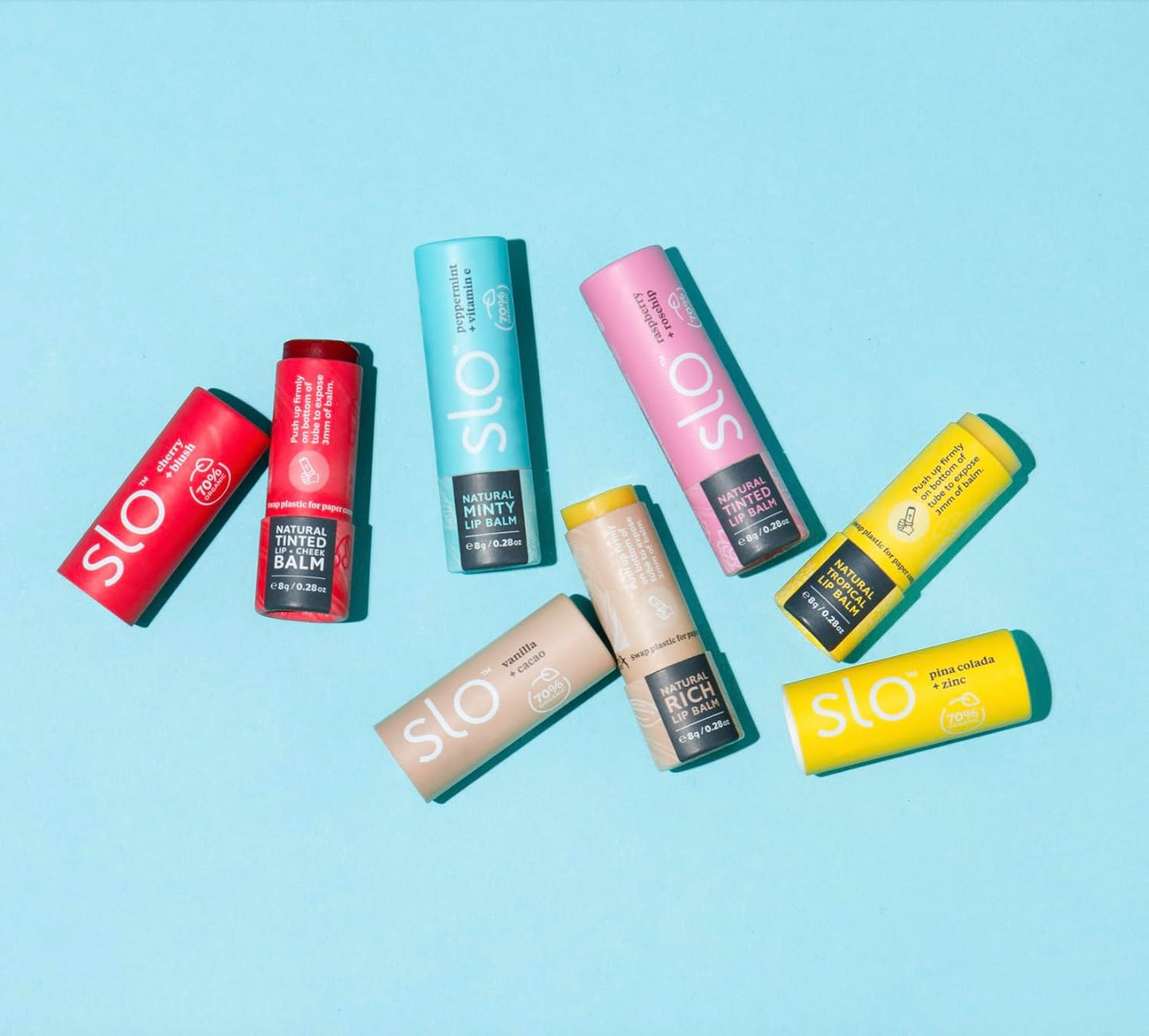 Slo | Natural Tinted Lip and Cheek Balm - All Natural Ingredients, Vegan & Cruelty Free, Hydrating & Soothing, Plastic Free, Paper Packaging | Cherry Blush, 0.28oz