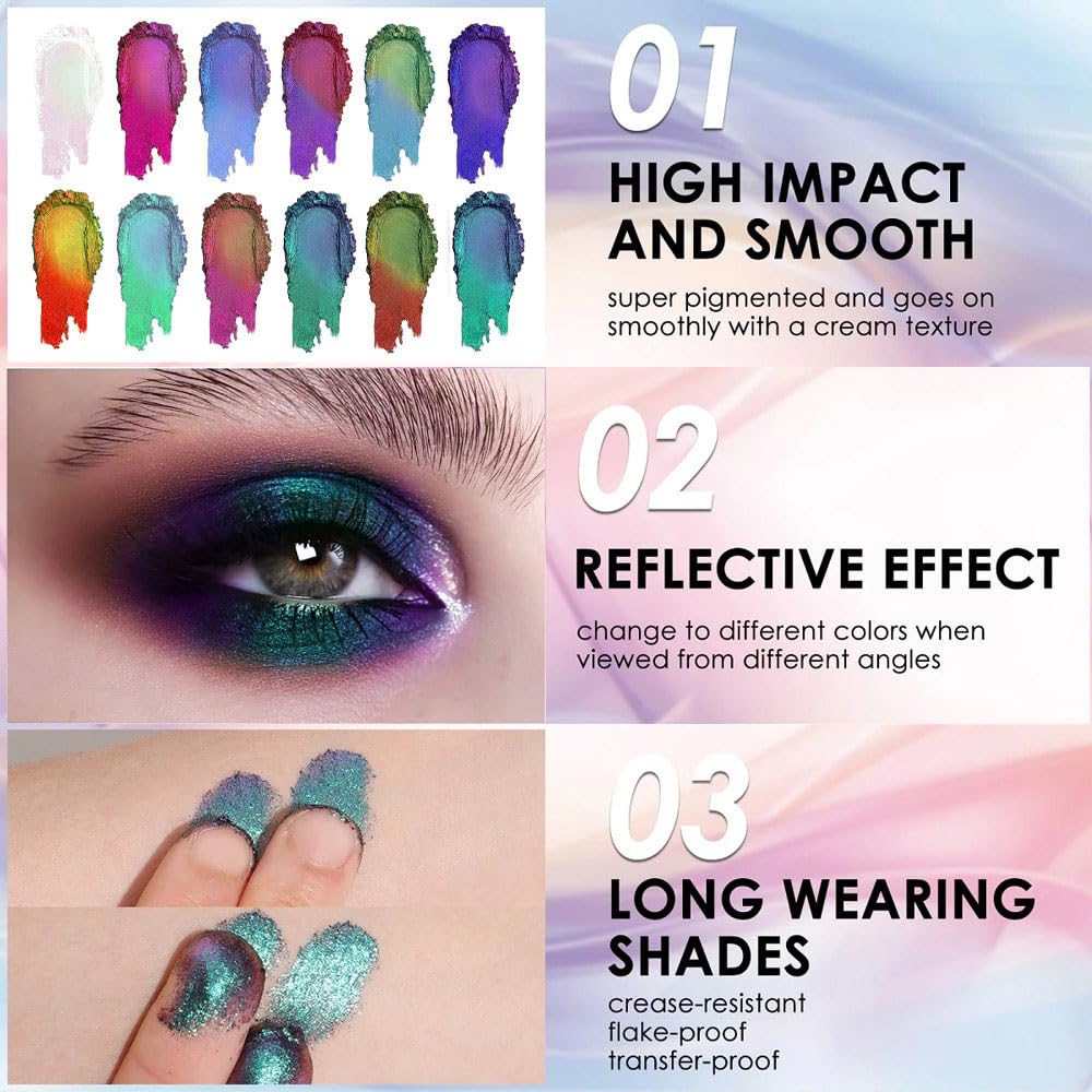 evpct Pearl White Glitter Holographic Iridescent Sparkly Eyeshadow Palette Makeup, White Pink Shimmer Glitter Loose Powder Single Eyeshadow Palette, Chameleon Multichrome Eye shadow Makeup Highlighter
