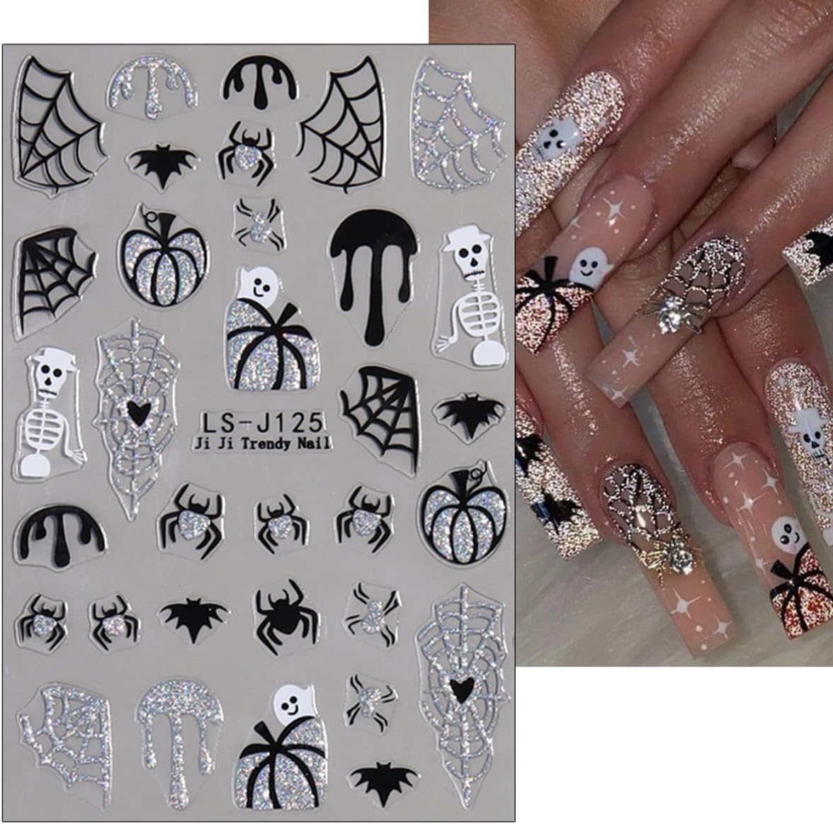 8 Sheets Horror Goth Nail Art Stickers Halloween Nail Stickers for Nail Art Glitter Bat Spider Web Pumpkin Design Luminous Ghost Nail Decals Self-Adhesive Nail Supplies for Women Manicure Decor