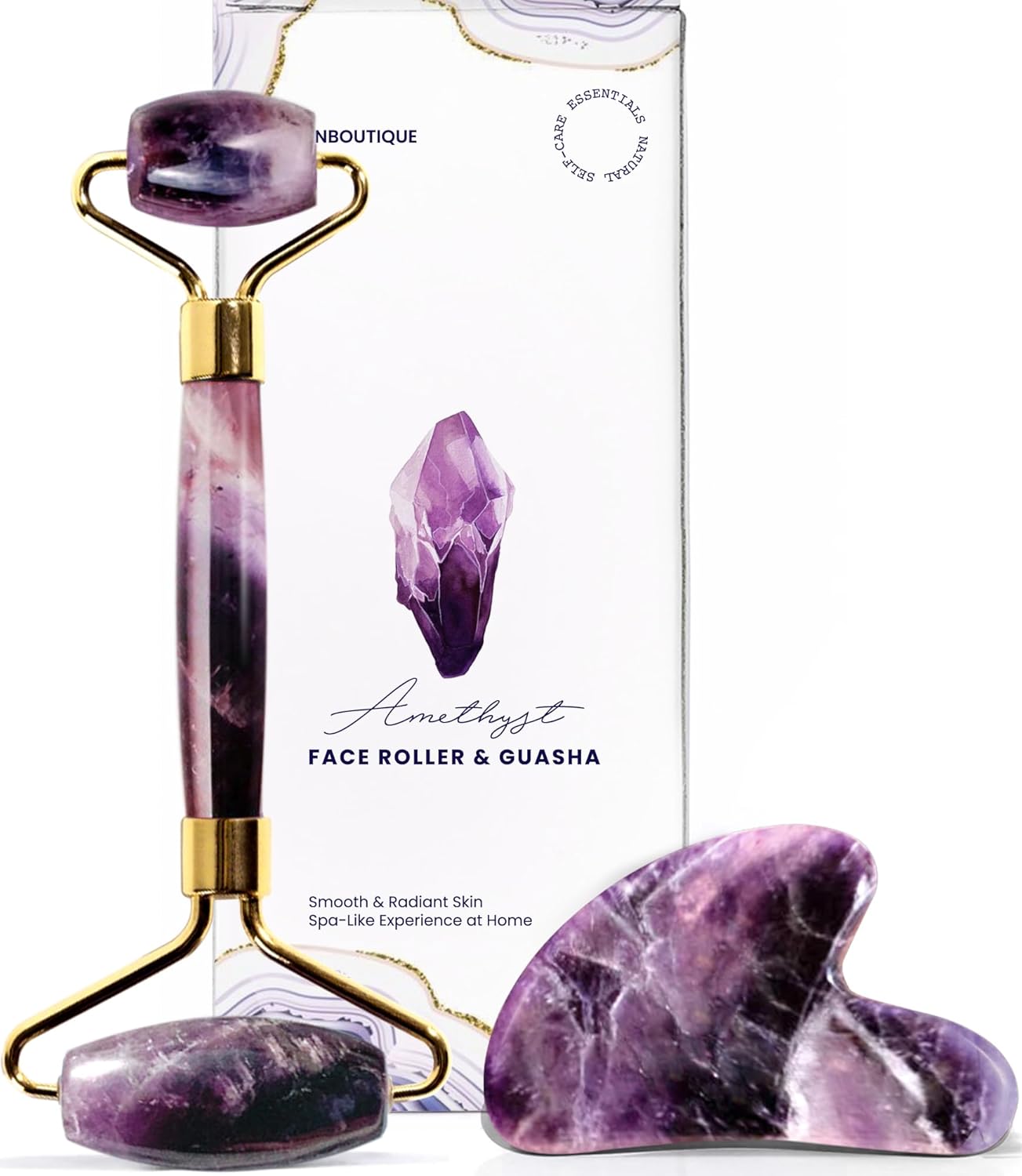 Gua Sha Facial Tools & Face Roller by ROSELYNBOUTIQUE Original Face Massager for Puffiness Wrinkless Skin Care Routine - Self Care Gift for Men Women (Amethyst)