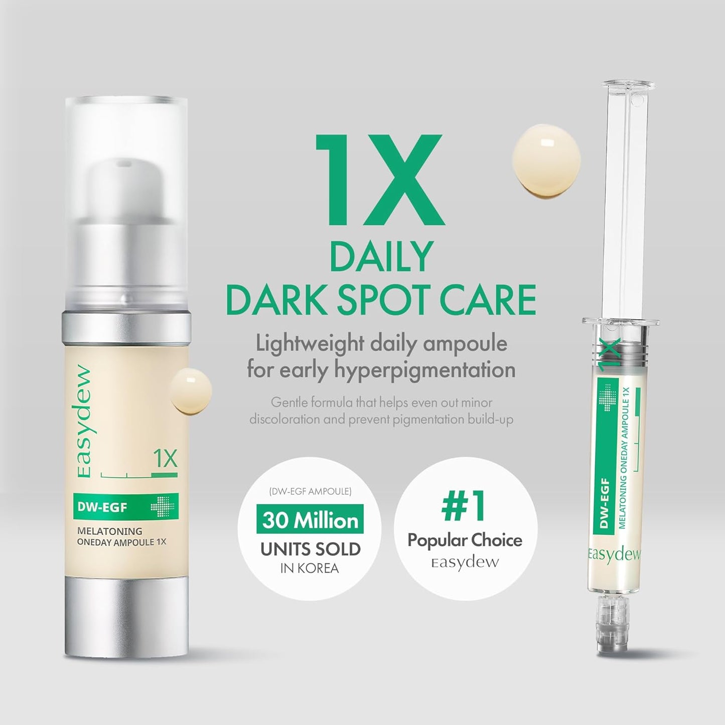 Easydew DW-EGF Melatoning Ampoule 1X - Hydrating Dark Spot Serum with Niacinamide & Glutathione for Uneven Skin - Fast Absorbing Day & Night Ampoule Korean Skin Care (Bottle 1.01 fl oz, EGF 1X)