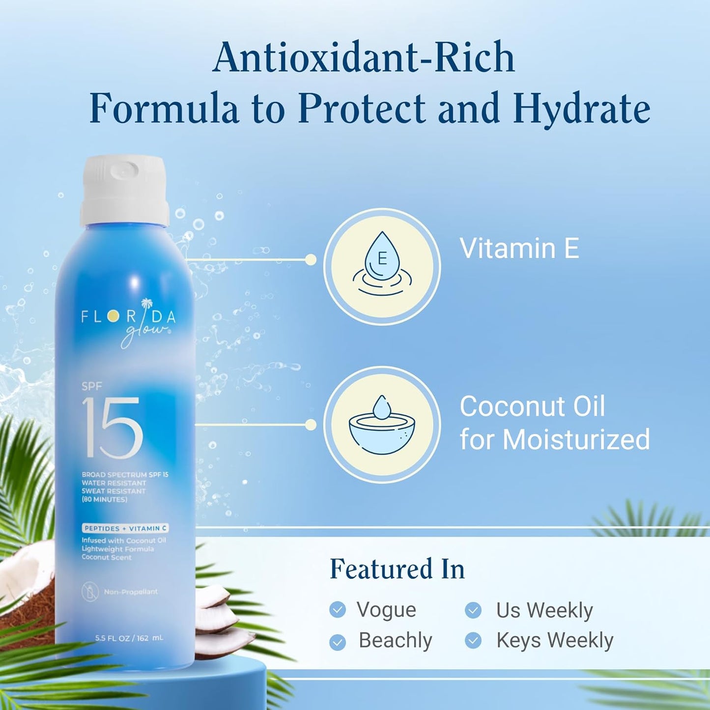 Florida Glow SPF 15 Sunscreen Spray - Hawaii 104 Reef Act & Florida Keys Compliant, Broad Spectrum, Water Resistant - Sun screen protector for face and body, PABA-Free & Oxybenzone Free (5.5 Fl Oz)