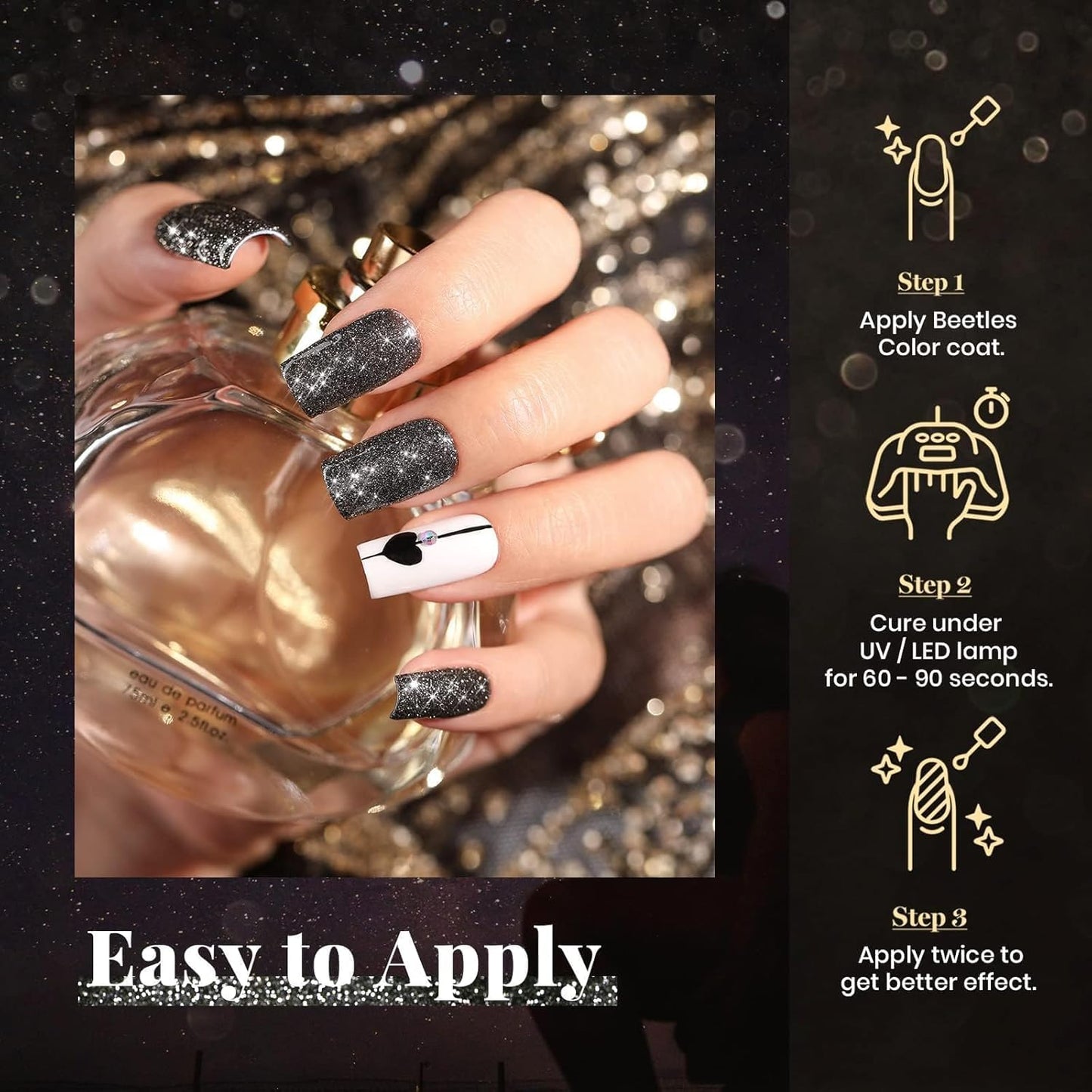 Beetles Black Gel Nail Polish, 1Pcs 15ML Glitter Gel Nail Polish Black Sparkle Reflective Shimmer Color Soak Off UV Lamp Disco Nail Art Manicure Salon DIY at Home Gifts for Her