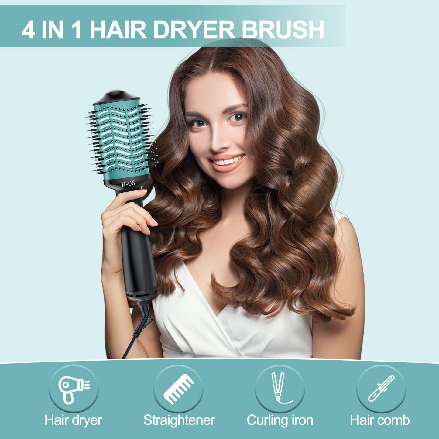 Hair Dryer Blow Dryer Brush in One, 4 in 1 Hair Dryer and Styler Volumizer with Oval Barrel, Professional Salon Hot Air Brush for All Hair Types, Teal