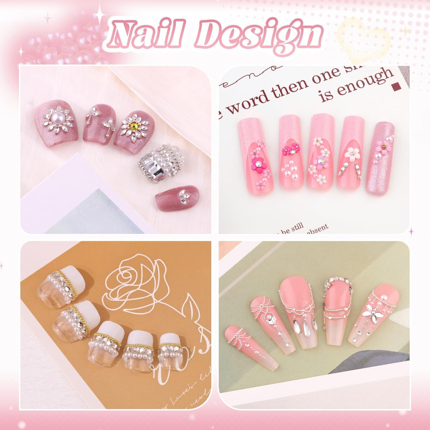 2 Boxes Metal Nail Beads (Silver+Gold) and 3D Flowers and Glass Rhinestones (Clear) for Art, Half Flatback Pearls (White) Crystals Pearl Nail Charms and Round Caviar Beads for Manicure Decor