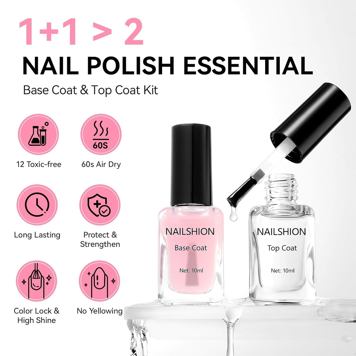 Clear Pink Base Top Coat Clear Nail Polish, Sheer Pink Base Ridge Filler Strengthening Anti Chip Nail Concealer, Non Gel, Salon Quality, Quick Dry Home DIY Nail Art Gift Set