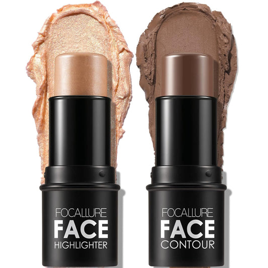 FOCALLURE 2 Pcs Mineral Cream Contour Stick,Moisturize Highlighter and Bronzer Pen,Non Stick Face Brightens & Shades Pencil,Long Lasting & Smooth Gliding Face Illuminator Makeup,Deep