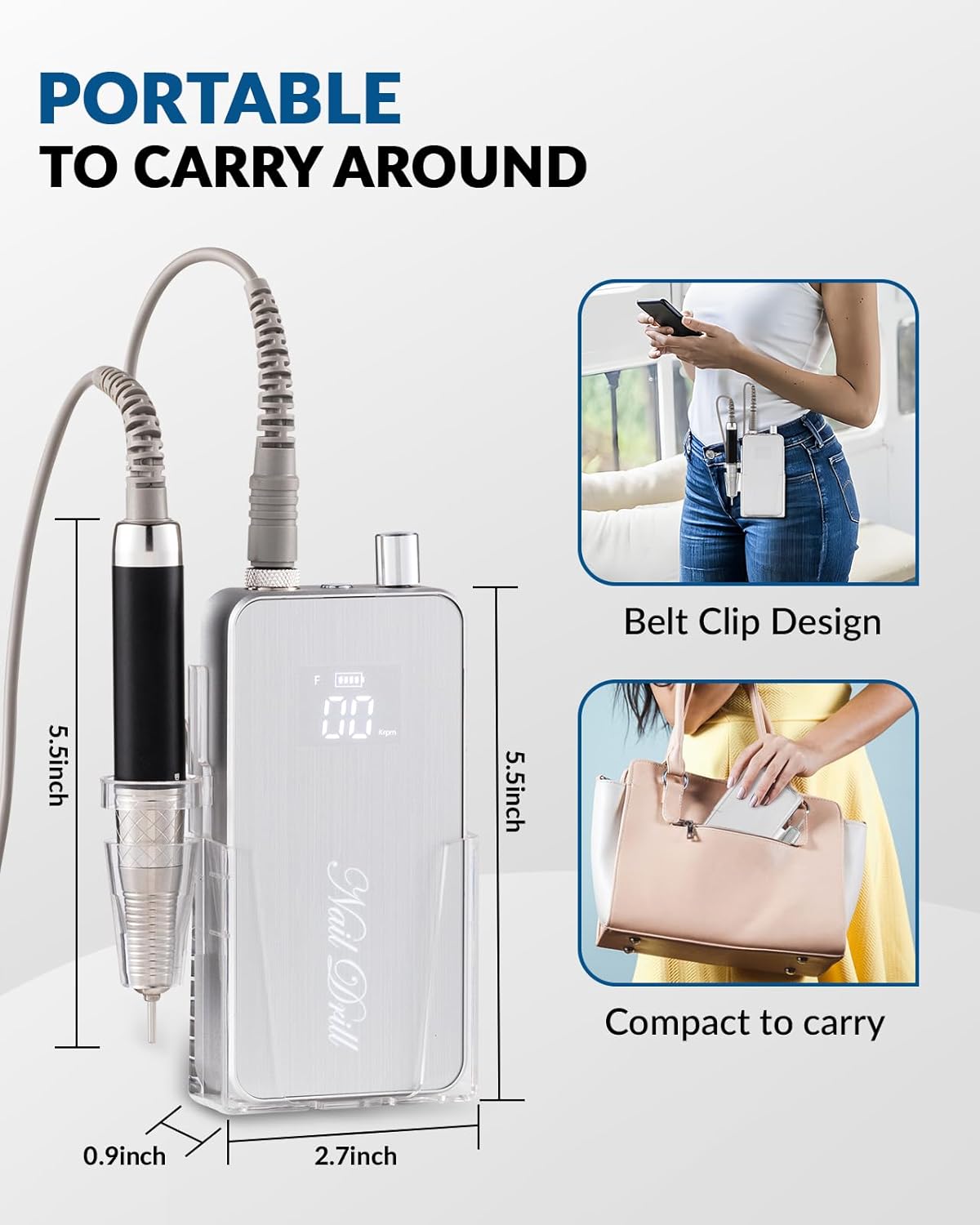 BAOSHISHAN Professional Electric Nail Drill Machine, Portable 35000RPM Rechargeable Cordless Efile With Case for Acrylic Gel, Home Salon, 11pcs Drill Bits