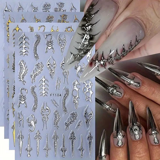 4 Sheets Goth Nail Stickers for Nail Art 3D Punk Style Black Belt Nail Art Stickers Gold Silver Flame Lines Nail Decals Self-Adhesive Centipede Thorn Vine Curves, Swords, Scorpion Patterns for Women