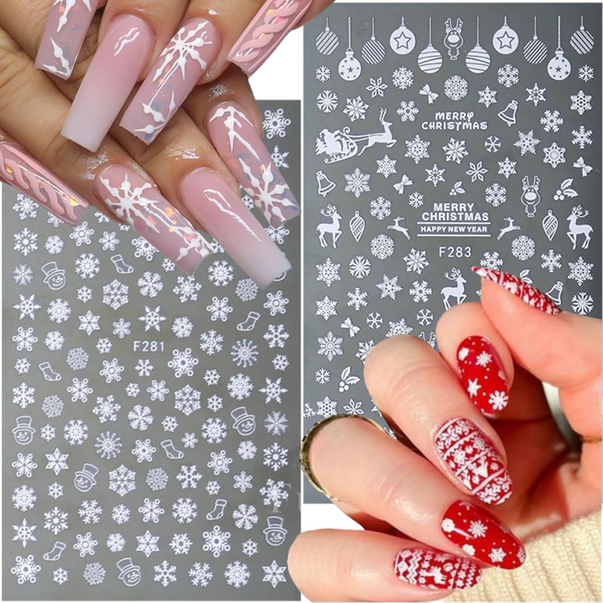 8 Sheets Snowflakes Nail Stickers- 3D Christmas Nail Art Stickers Self-Adhesive Winter Nail Decals White Gold Snowflake Balls Elk Designs Christmas Sticker for Nail Art Women DIY Xmas Nail Decoration