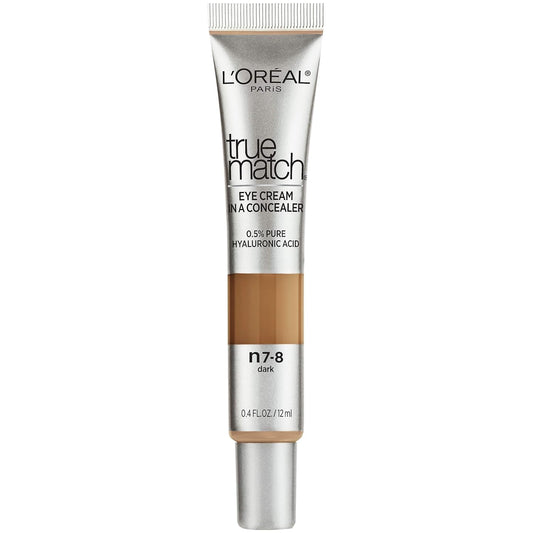 L’Oréal Paris True Match Eye Cream in a Concealer, 0.5% hyaluronic acid, Dark N7-8, 0.4 fl. oz.