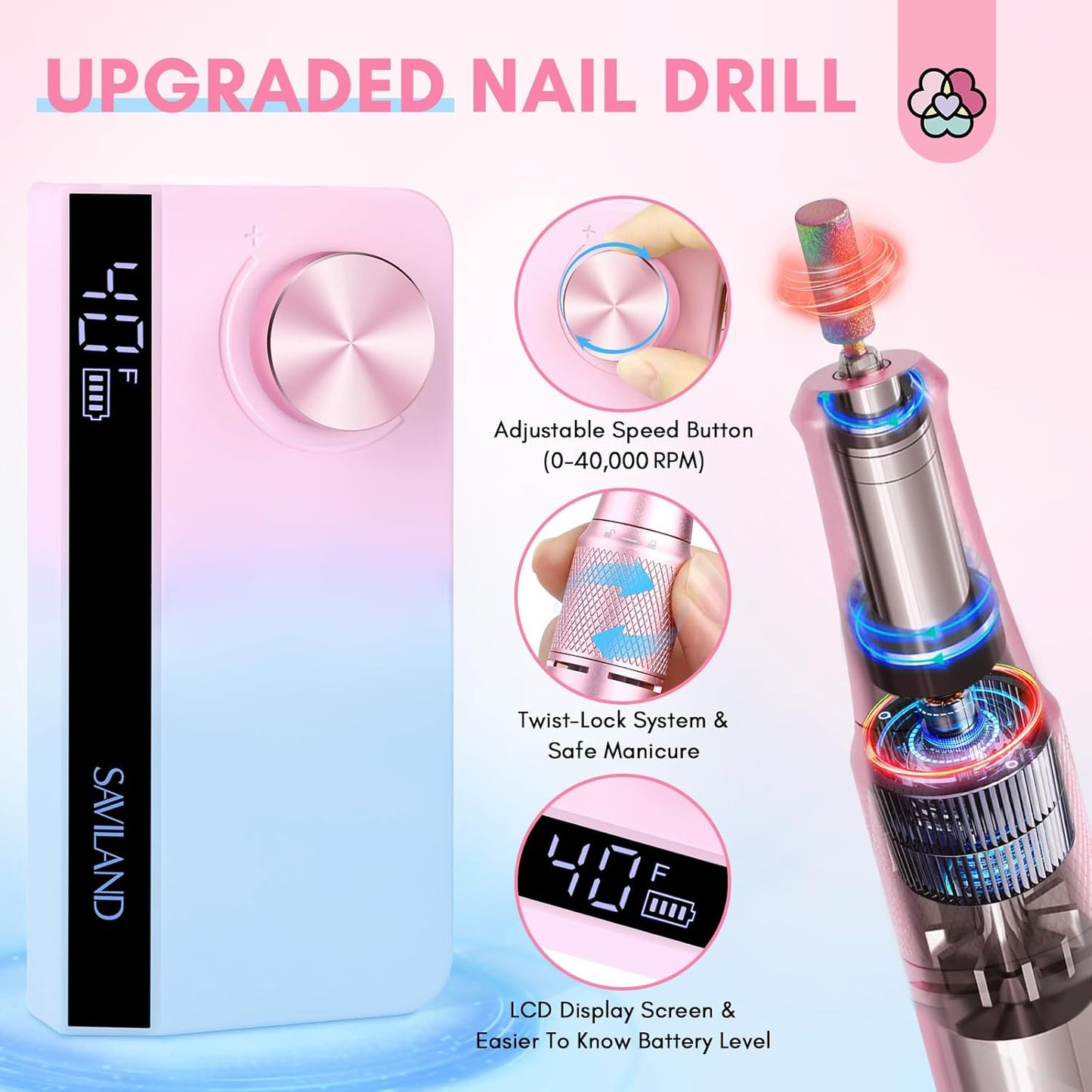 SAVILAND Portable Nail Drill Professional: 40000 RPM Upgrad E File 2024 Digital Pro Electric Cordless Fast Remover Anti-Shaking | Manicurist Nail Salon Superior Compactible for Acrylic Nails