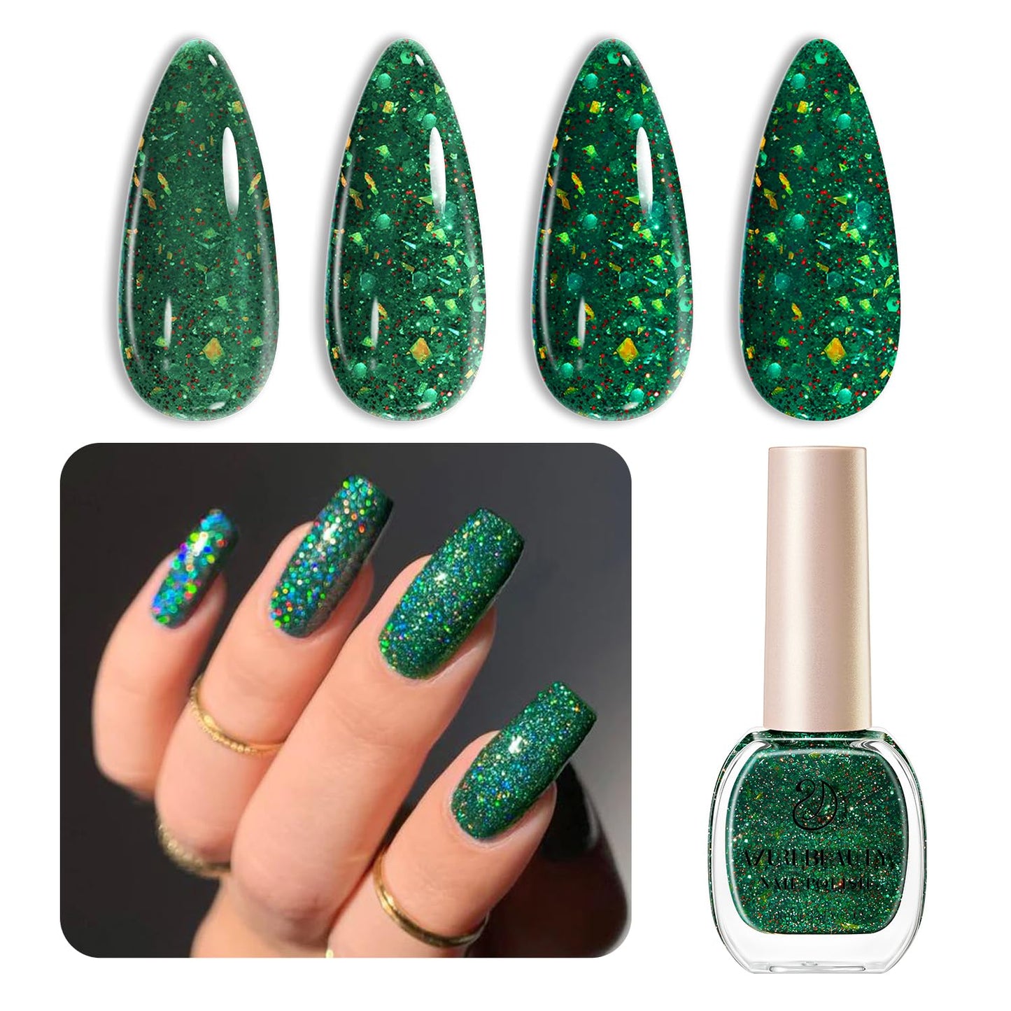 AZUREBEAUTY Christmas Nail Polish Quick Dry Green Glitter Nail Polish Natural Shine Nail Lacquer Salon-Quality for Women Girl Gift Set 1Pcs 0.34 fl oz
