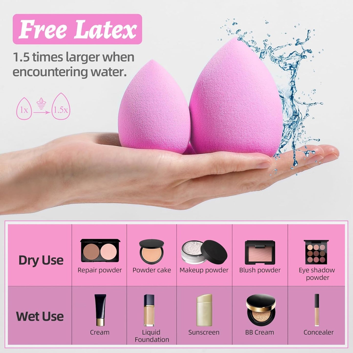 Makeup Sponge Set BS-MALL Blender Sponges 7 Pcs for Liquid, Cream, and Powder, Multi-colored with 1 Mini Makeup Sponge Pink (A-HotPink)