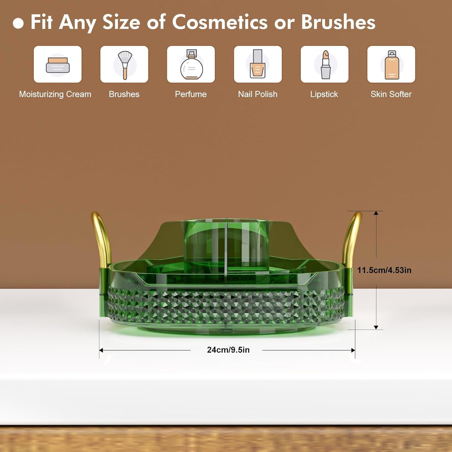 Awenia Rotating Makeup Organizer 360, Stackable Adjustable Large Capacity Cosmetic Storage Unit,Dresser Bathroom Kitchen Countertop Organizer with Metal Handle, Plus Size (Gem Green, 1 Tier)