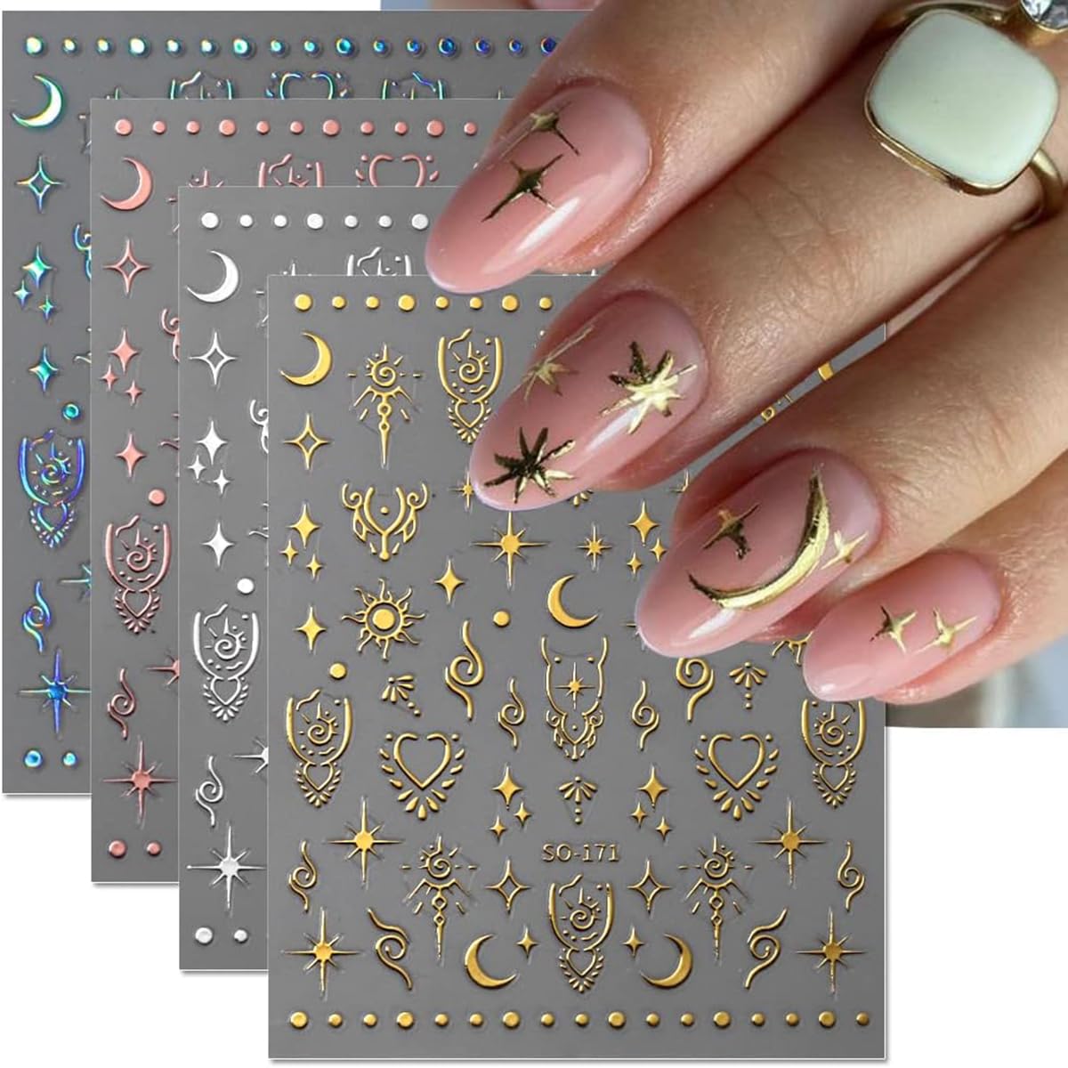 Moon Star Nail Stickers- 8Sheets Metallic Nail Art Stickers 3D Self-Adhesive Shiny Laser Stars Nail Supplies Gold Silver Nail Designs Stickers Sun Stars Moon Nail Decals for Women DIY Nail Decorations