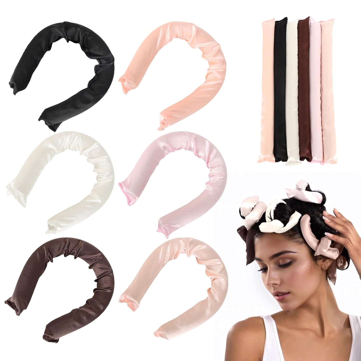 Satin Covered Overnight Hair Curlers, Flexi Rods for Heatless Sleep-in Curls, Curling Rods for Straight Short Hair - 6 Pcs