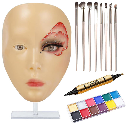 Makeup Practice Face, Eye Makeup Practice Head Silicone, Makeup Practice Accessories Set with Face Painting Mannequin Head, Makeup Brushes, Face Painting and Eyebrow Pen, Makeup Practice Gift, Yellow