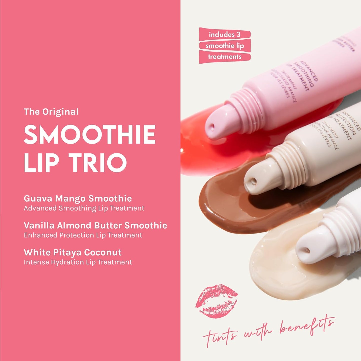 ESW Beauty Smoothie Lip Treatment Set – White Pitaya Coconut, Guava Mango & Vanilla Almond Butter – Hydrating & Smoothing Lip Gloss Set