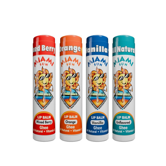 Miami Sun Natural Ghee Lip Balm, Hydrating Lip Treatment with Shea Butter & Beeswax, Organic & Non-Toxic, Best for Dry, Chapped Lips - Moisturizing, Healing, Chemical-Free Lip Care (4 Count, Variety)