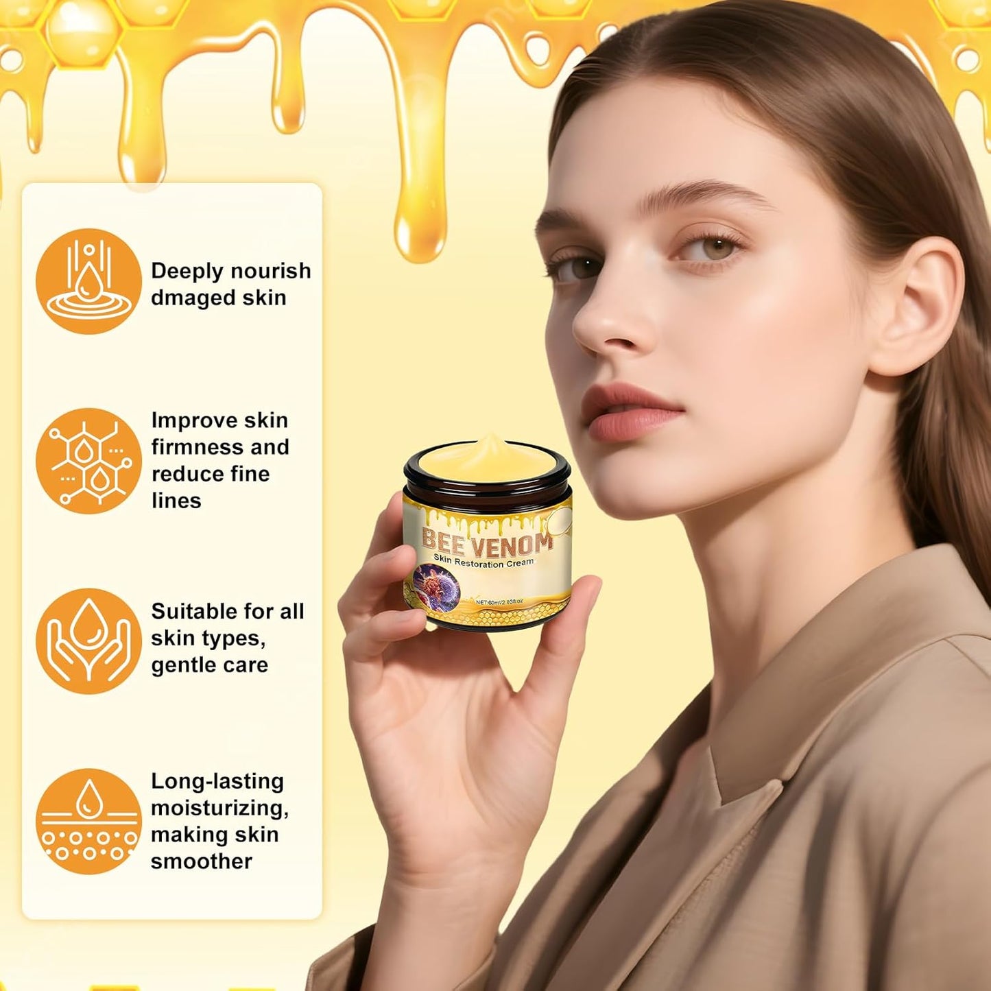 Bee Venom Skin Restoration Cream,Professional Bee Venom Skin Treatment Cream,Bee venom Comprehensive cream,Effectively Firms skin and Anti-Wrinkle Moisturizing (2Pcs)