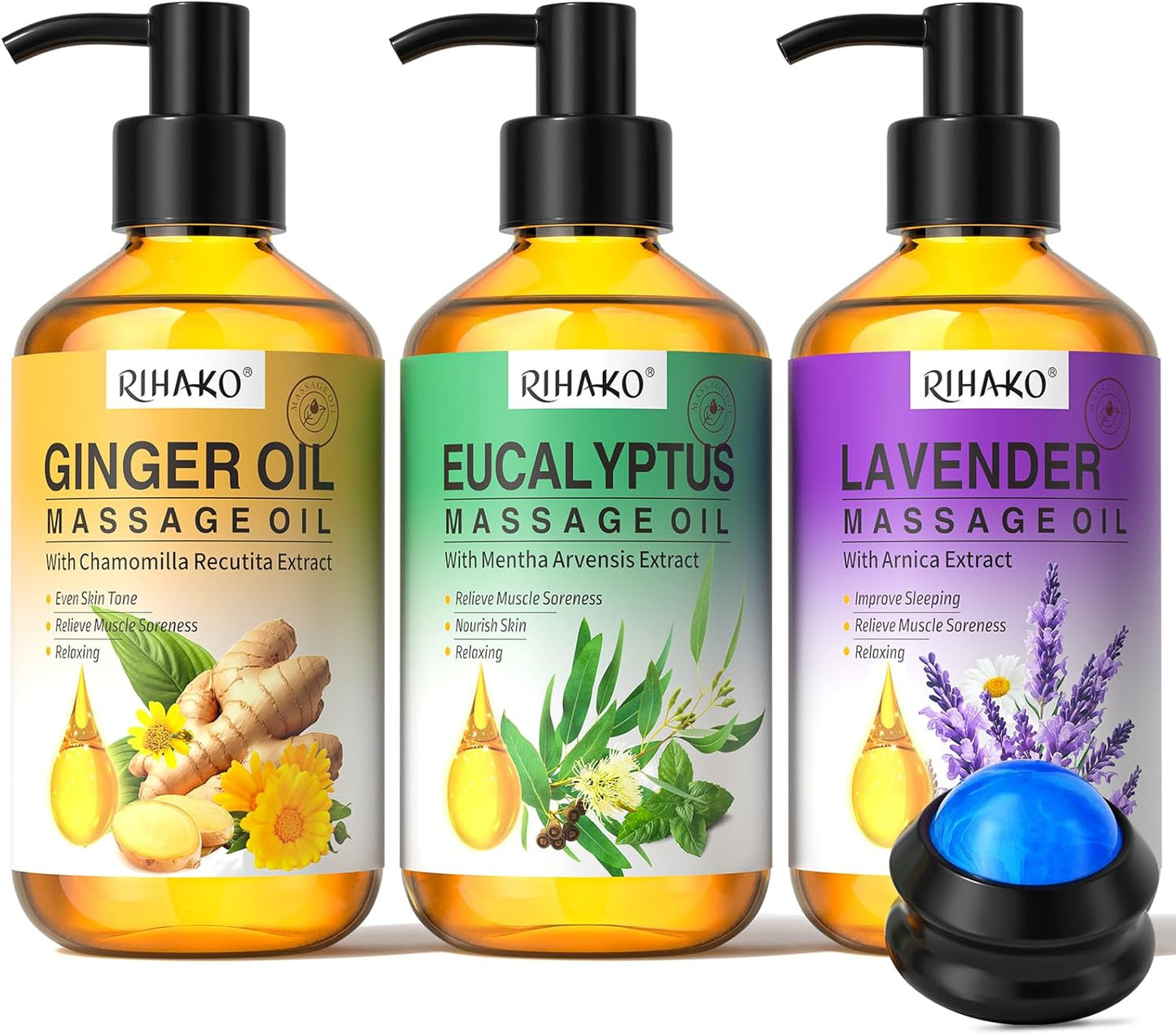 3 Pack Massage Oil for Massage Therapy,Ginger for Lymphatic Drainage, Lavender for Relaxation, Eucalyptus Mint for Muscle Relief | Massage Therapy & Date Night Spa Gift with Massage Ball for Him & Her