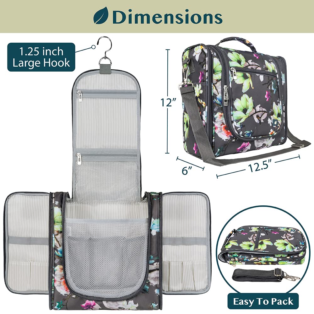 PAVILIA Extra Large Toiletry Bag Travel Bag for Women Men, Hanging Cosmetic Organizer, Water Resistant Makeup Bag for Accessories Toiletries, Travel Essentials Kit (Floral Grey)