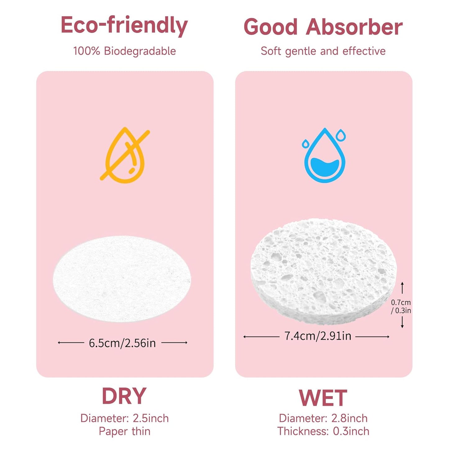 100 Count Compressed Facial Sponges 100% Natural Cellulose Eco-Friendly Makeup Sponges for Gentle Cleansing, Exfoliating & Stubborn Makeup Removal Travel for Women (Round white)