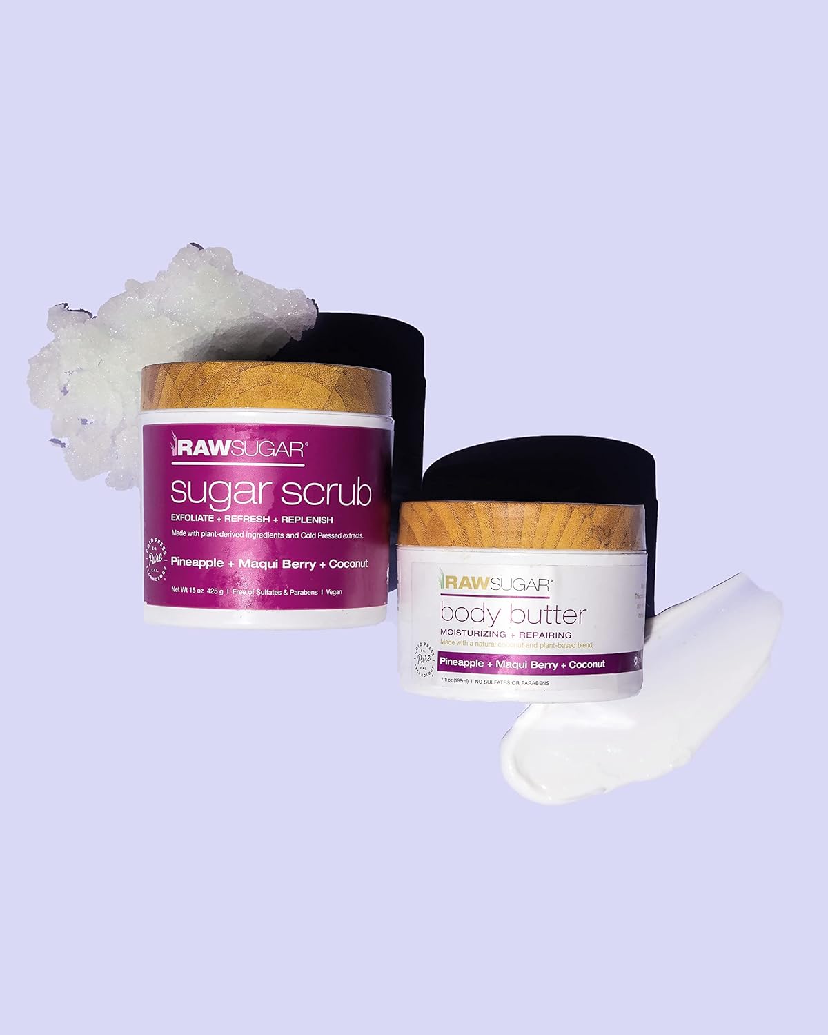 Raw Sugar Pineapple + Coconut + Maqui Berry Body Love Bundle - Body Wash, Body Scrub, Body Butter & Lip Balm, Clean, Made with Plant-Derived Ingredients, Formulated without Sulfates and Parabens