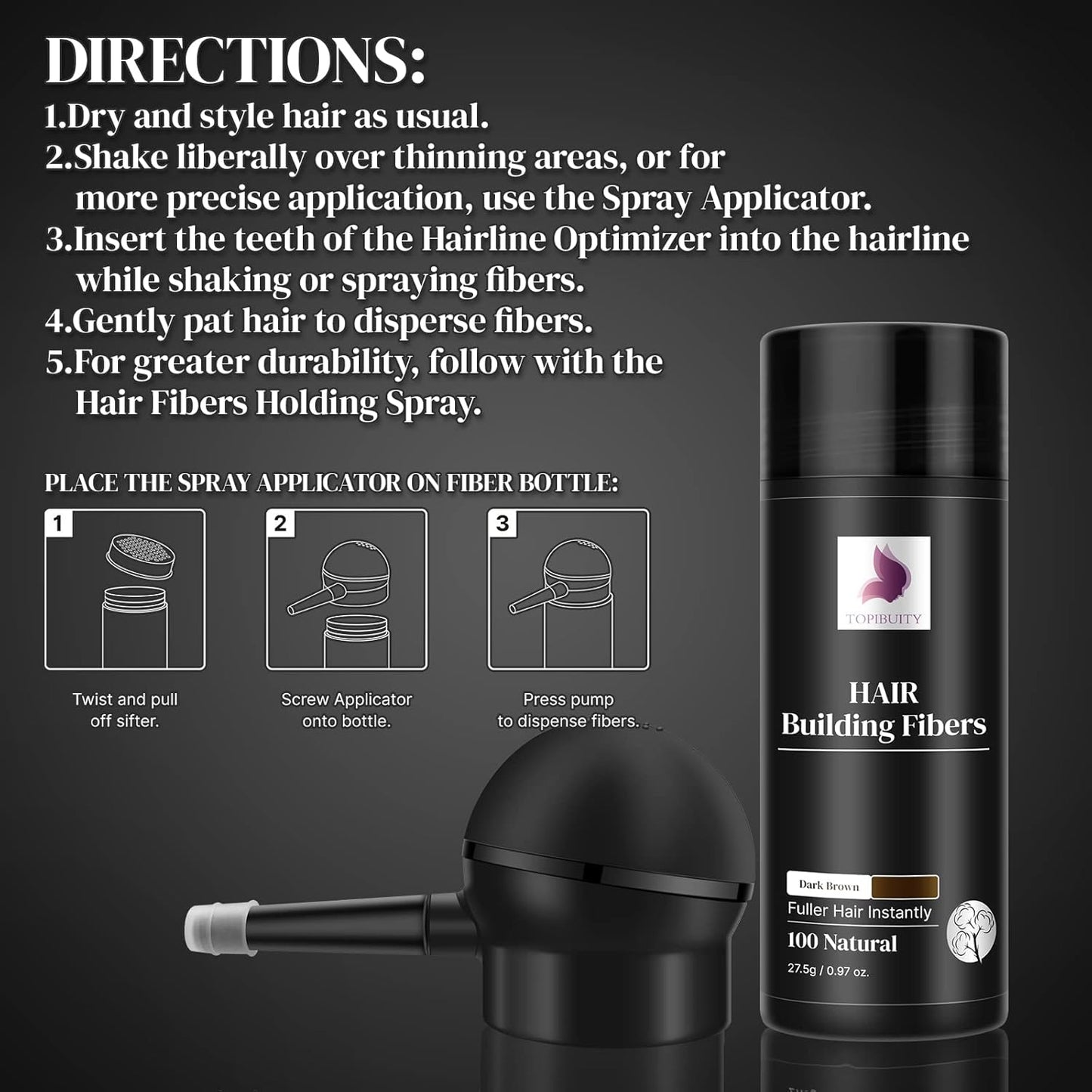 Hair Fibers for Thinning Hair Fiber Applicator 3-in-1 Set - Natural Concealing Hair Building Fibers - Long-Lasting Spray with Accessory for Crisp Hairlines, Thicker Beard & Styling (Dark Brown)