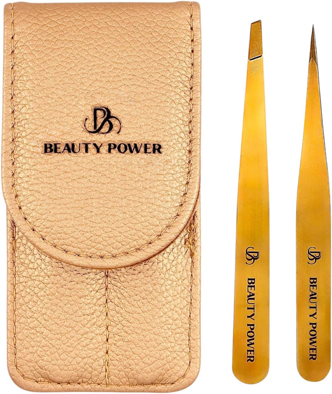 Professional Tweezers Set – Slant & Point, Ultra Precision German Stainless Steel Tweezers for Eyebrows, Chin, Ingrown Hair & Facial Grooming – Lightweight with Travel Case (Matte Gold)