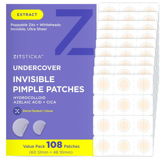 ZitSticka Invisible Pimple Patches for Face, Hydrocolloid Patches, Ultra-Thin Clear Azelaic Acid & CICA Blemish Patches, Pimple Stickers (UNDERCOVER 108 Count)