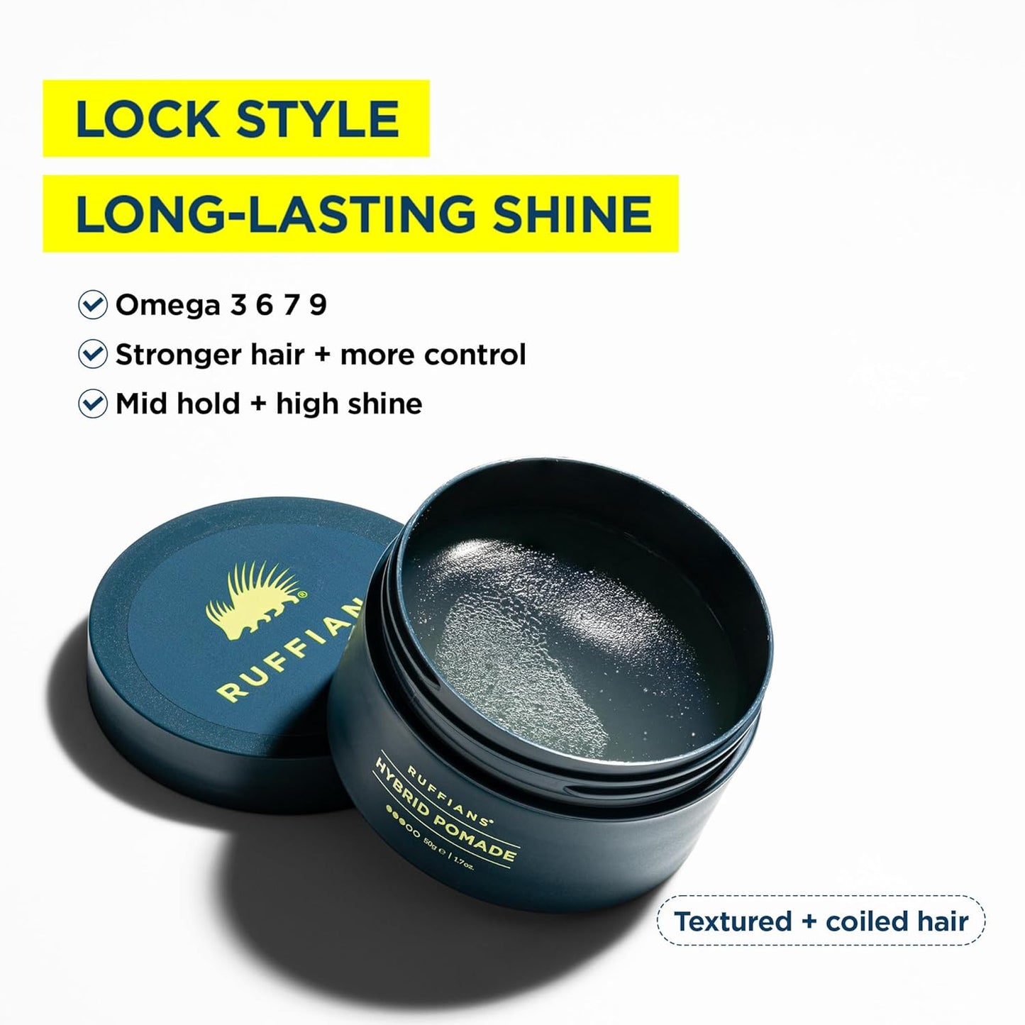 Ruffians Hybrid Pomade, Omega-Enhanced Haircare Solution For Textured Hair, Mid-hold, High Shine, for Textured and Coiled Hair, Easily Washable, 50g