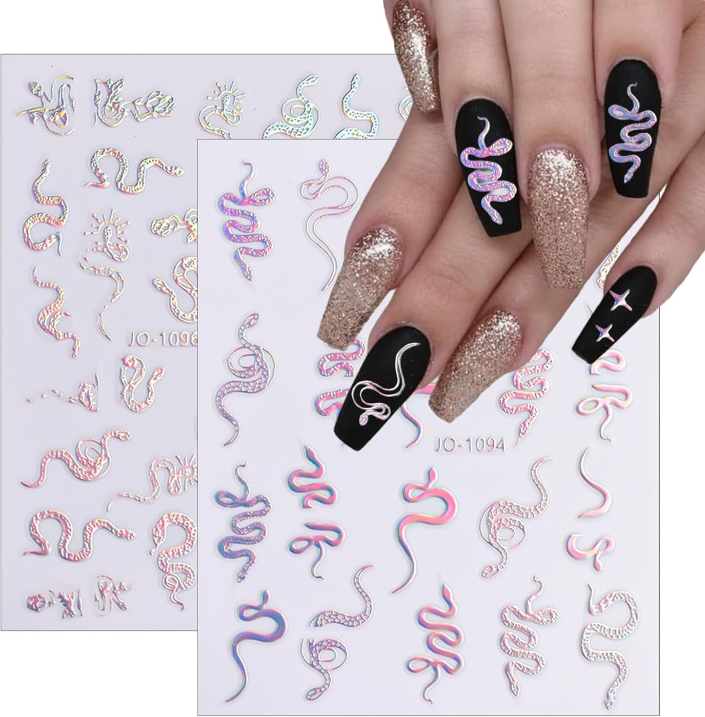 5 Sheets Aurora Silver Snake Nail Art Stickers 3D Self-Adhesive Laser Nail Decals Stars Sun Moon Line Holographic Designs Nail Stickers for Women Girls DIY Manicure Supplies
